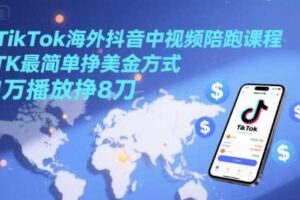 TikTok海外抖音中视频陪跑课程，TK最简单挣美金方式，1万播放挣8刀