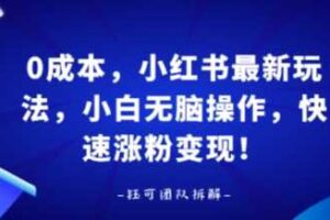 0成本，小红书最新玩法，小白无脑操作，快速涨粉变现