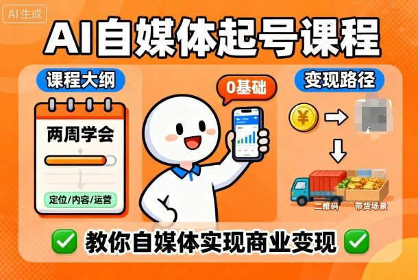 AI自媒体起号课程，0基础小白两周学会，教你自媒体实现商业变现