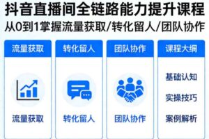 抖音直播间浓缩版视频课程，从0到1掌握直播间流量获取、转化留人、团队协作的全链路能力